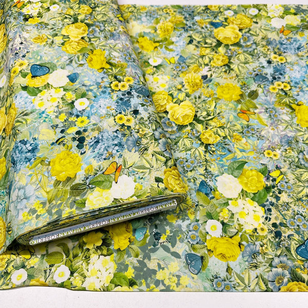 Enchanted Aviary Yellow Floral Butterflies Cotton Fabric by Robert Kaufman ADND-22279-134 CITRUS