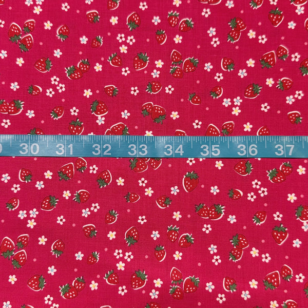 Scale of Candy Berry red cotton fabric with strawberry print from Atsuko Matsuyama Yuwa 30’s Collection, perfect for quilting and crafts.