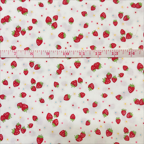 Scale of Candy Berry white cotton fabric with strawberry print from Atsuko Matsuyama Yuwa 30’s Collection, perfect for quilting and crafts.