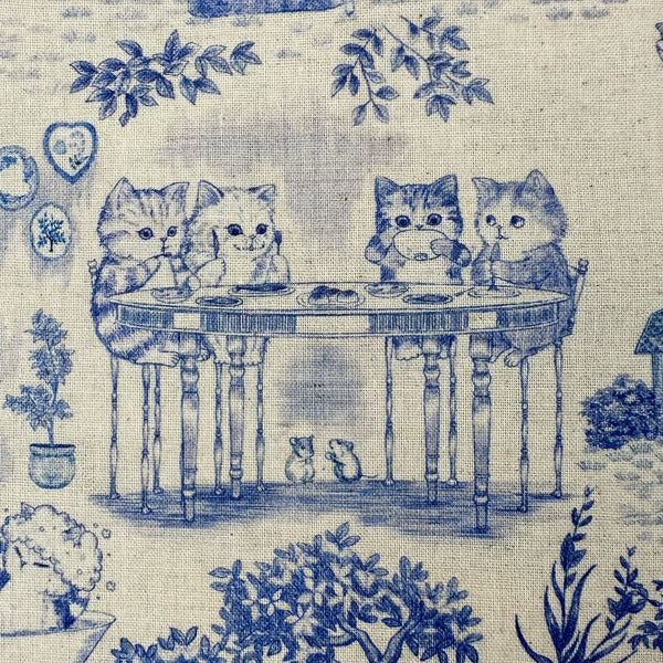 Eating Kitties scene in Cat Garden Cotton Linen Fabric by Yukiemon for Hokkoh, featuring toile-style cat illustrations, imported from Japan