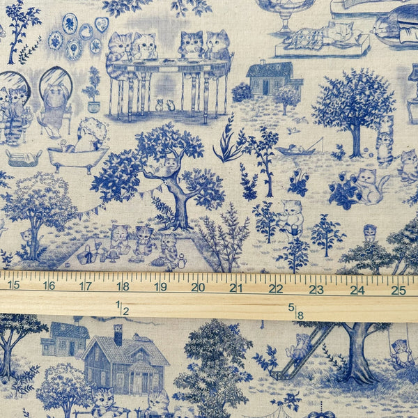 Scale of Cat Garden Cotton Linen Fabric by Yukiemon for Hokkoh, featuring toile-style cat illustrations, imported from Japan