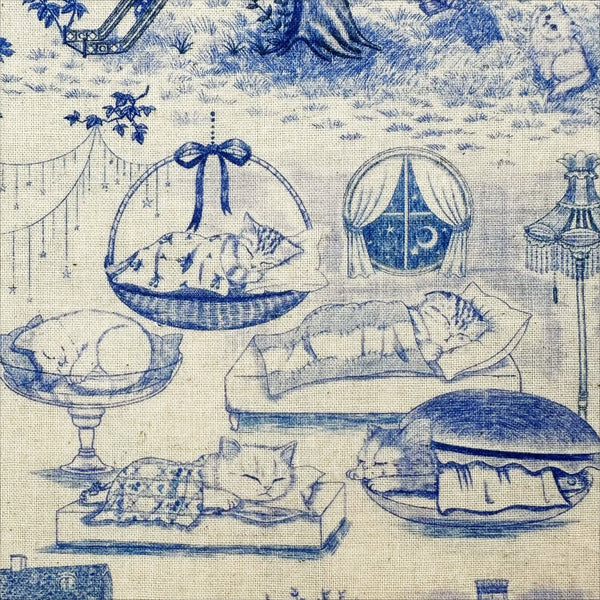 Sleeping scene in Cat Garden Cotton Linen Fabric by Yukiemon for Hokkoh, featuring toile-style cat illustrations, imported from Japan