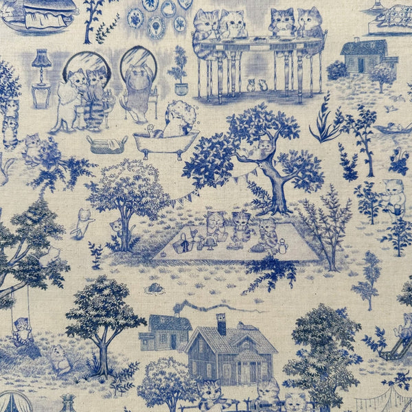 Cat Garden Cotton Linen Fabric by Yukiemon for Hokkoh, featuring toile-style cat illustrations, imported from Japan