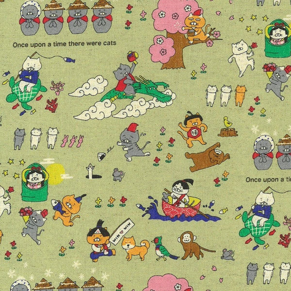 Cat Japanese Fairy Tale canvas fabric in light green by Cotton Kobayashi