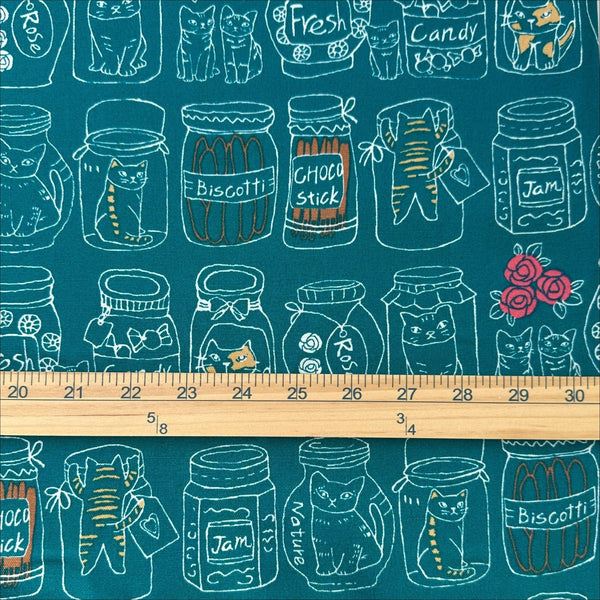 Scale of Cat Jars cotton oxford fabric by Fuwari in teal