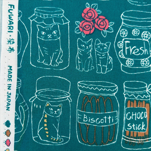 Selvage of Cat Jars cotton oxford fabric by Fuwari in teal