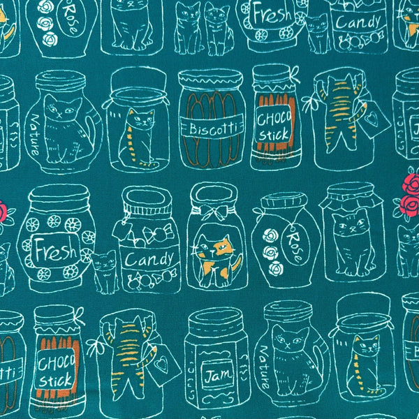 Cat Jars cotton oxford fabric by Fuwari in teal