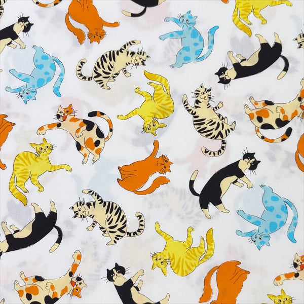 Cat Punch cotton broadcloth fabric in white by Sevenberry, Japanese import featuring playful cat print