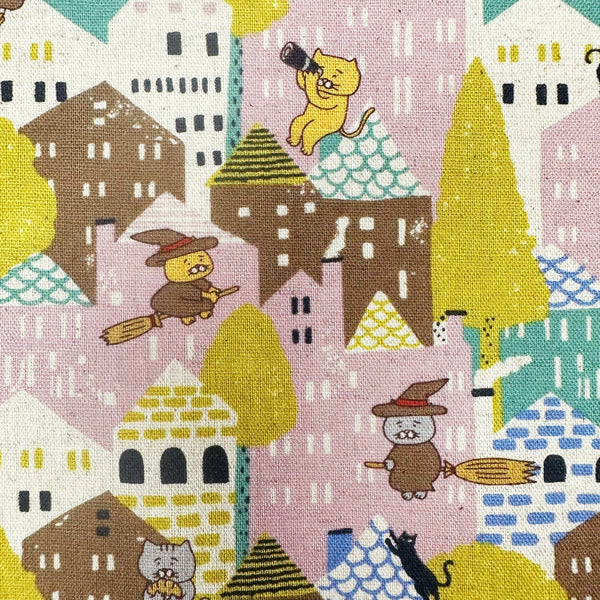 Close up of Cats Emergency Landing Cotton Linen Canvas fabric by Cotton Kobayashi, style KTS-7204 D, in beige