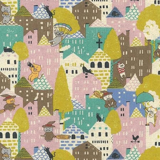 Stock photo of Cats Emergency Landing Cotton Linen Canvas fabric by Cotton Kobayashi, style KTS-7204 D, in beige