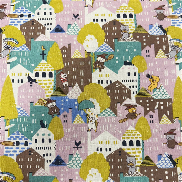 Cats Emergency Landing Cotton Linen Canvas fabric by Cotton Kobayashi, style KTS-7204 D, in beige