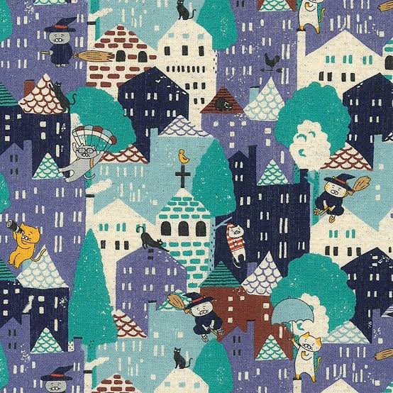 Cats Emergency Landing Cotton Linen Canvas fabric by Cotton Kobayashi, style KTS-7204 B, in blue