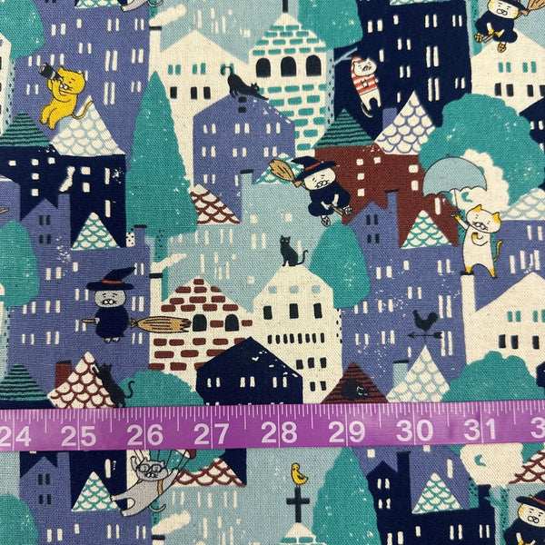 Scale of Cats Emergency Landing Cotton Linen Canvas fabric by Cotton Kobayashi, style KTS-7204 B, in blue