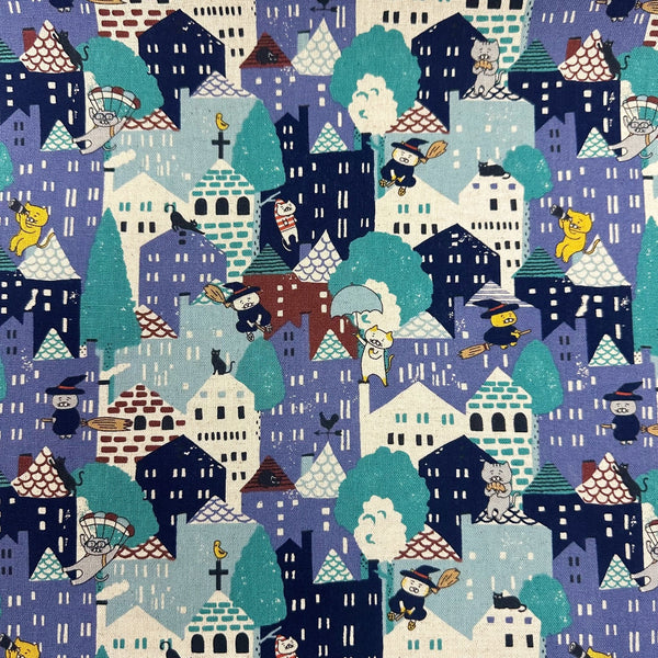 Full view of Cats Emergency Landing Cotton Linen Canvas fabric by Cotton Kobayashi, style KTS-7204 B, in blue