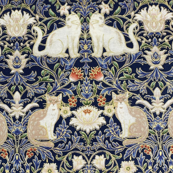 Close up of Cats Garden cotton fabric by Quilt Gate in navy