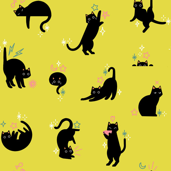 Catwalk cotton fabric by Ruby Star Society featuring cats and stars on a citron background.