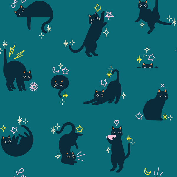 Catwalk cotton fabric by Ruby Star Society featuring cats and stars scattered across a teal background.