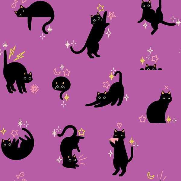 Catwalk cotton fabric by Ruby Star Society featuring cats and stars scattered across an orchid purple background.