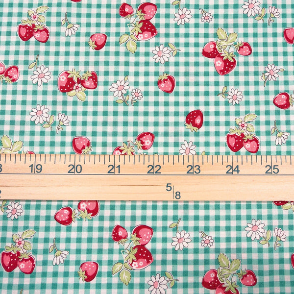 Scale of Check and Strawberry cotton fabric by Yuwa in green, AT829949 D