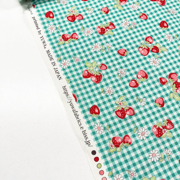 Selvage of Check and Strawberry cotton fabric by Yuwa in green, AT829949 D