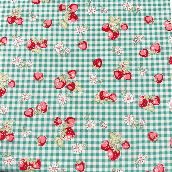 Check and Strawberry cotton fabric by Yuwa in green, AT829949 D