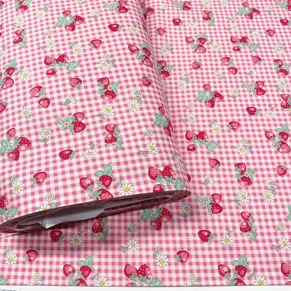 Bolt of Check and Strawberry cotton fabric by Yuwa in pink, AT829949 A