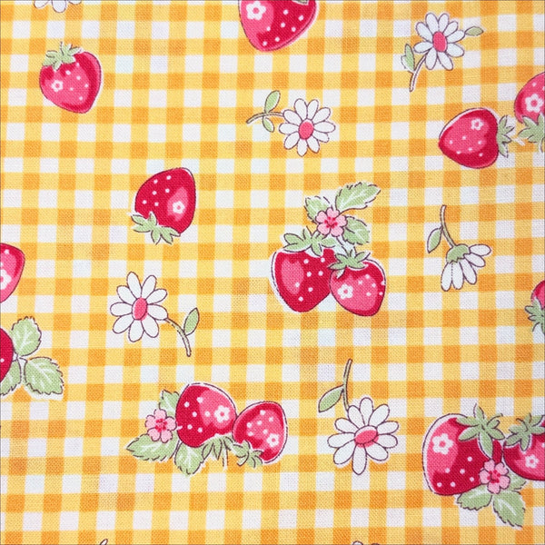 Close up of Check and Strawberry cotton fabric by Yuwa in yellow, AT829949 C