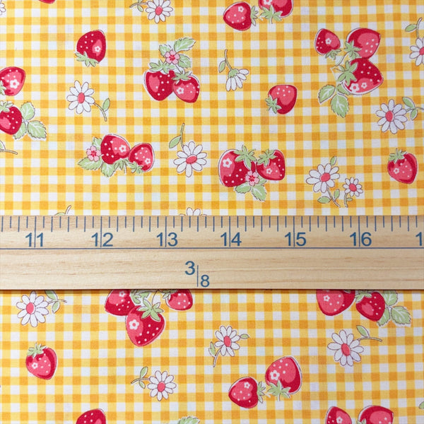 Scale of Check and Strawberry cotton fabric by Yuwa in yellow, AT829949 C
