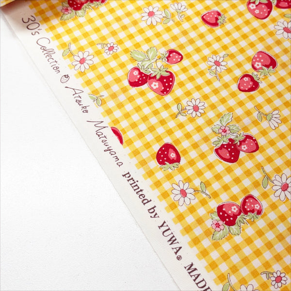 Selvage of Check and Strawberry cotton fabric by Yuwa in yellow, AT829949 C
