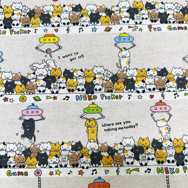 Claw Machine Cats canvas fabric in natural by Cotton Kobayashi, cotton linen blend with whimsical cat claw machine print