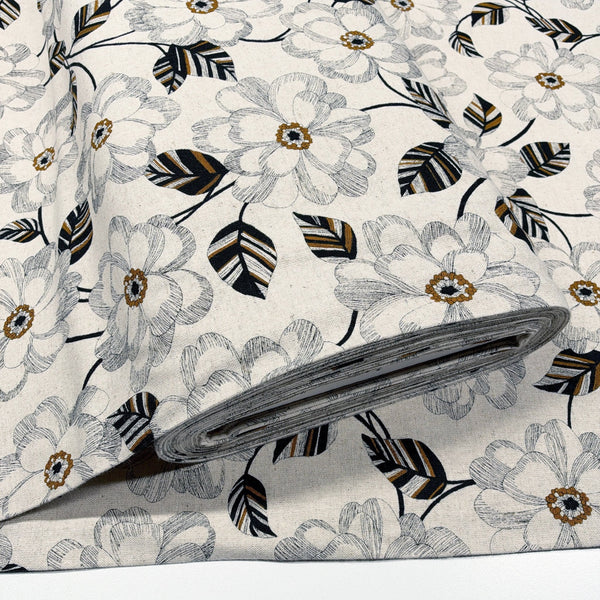 Bolt of Climbing Camellia cotton linen canvas fabric by Sevenberry in natural