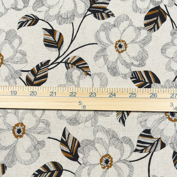 Scale of Climbing Camellia cotton linen canvas fabric by Sevenberry in natural