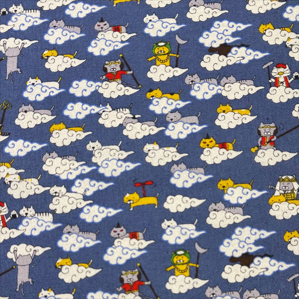 Cloud Cats canvas fabric in steel cotton linen blend by Cotton Kobayashi featuring silly cats hanging out in clouds