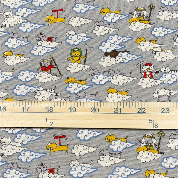 Scale of Cloud Cats cotton linen canvas fabric by Cotton Kobayashi in gray