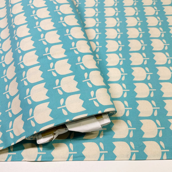 Bolt of Color Palette Tulips cotton fabric in blue, Japanese import with cheerful tulip print on blue background