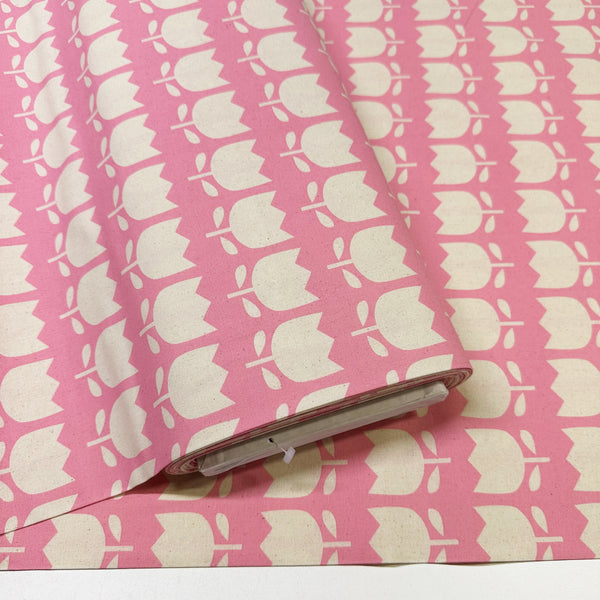 Bolt of Color Palette Tulips cotton fabric in pink, Japanese import with cheerful tulip print on pink background