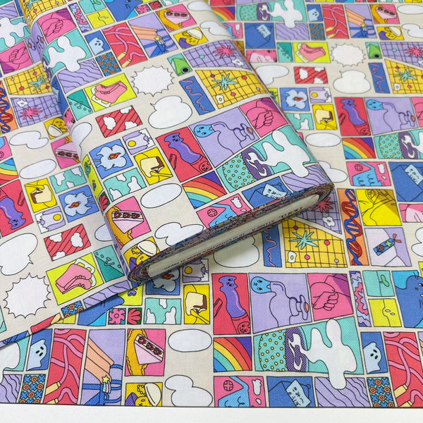 Bolt of Colorful Cat Comic Cotton Fabric by Nora – vibrant comic-style panels with cats and speech bubbles on quilt weight cotton, imported from Japan