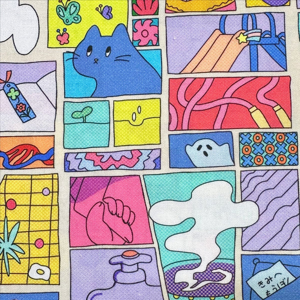 Close up of Colorful Cat Comic Cotton Fabric by Nora – vibrant comic-style panels with cats and speech bubbles on quilt weight cotton, imported from Japan