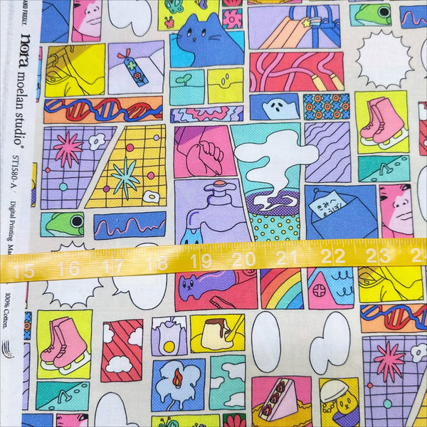 Scale of Colorful Cat Comic Cotton Fabric by Nora – vibrant comic-style panels with cats and speech bubbles on quilt weight cotton, imported from Japan