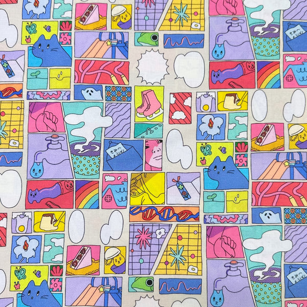 Colorful Cat Comic Cotton Fabric by Nora – vibrant comic-style panels with cats and speech bubbles on quilt weight cotton, imported from Japan