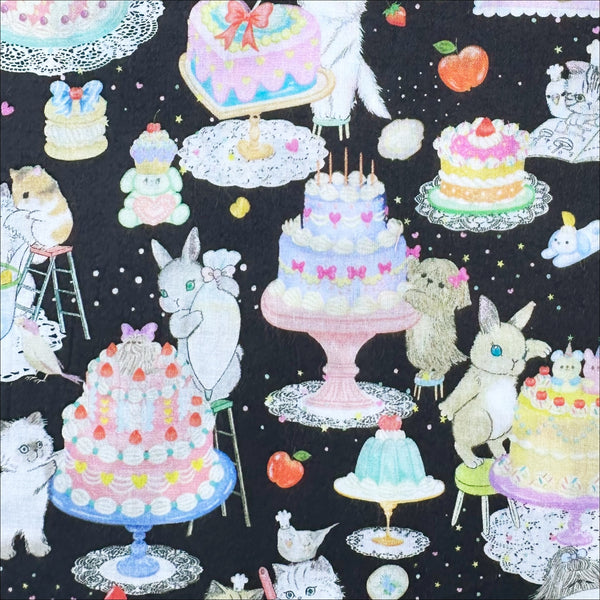 Cake Decorating Cook Cats cotton lawn fabric in black by Yukiemon for Hokkoh featuring adorable animals baking cakes and preparing sweet treats, imported from Japan