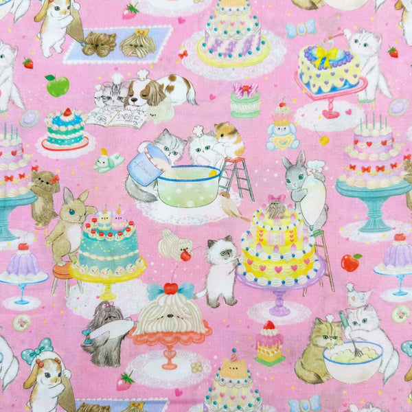Cook Cats cotton lawn fabric by Yukiemon for Hokkoh featuring adorable animals baking cakes and preparing sweet treats, imported from Japan