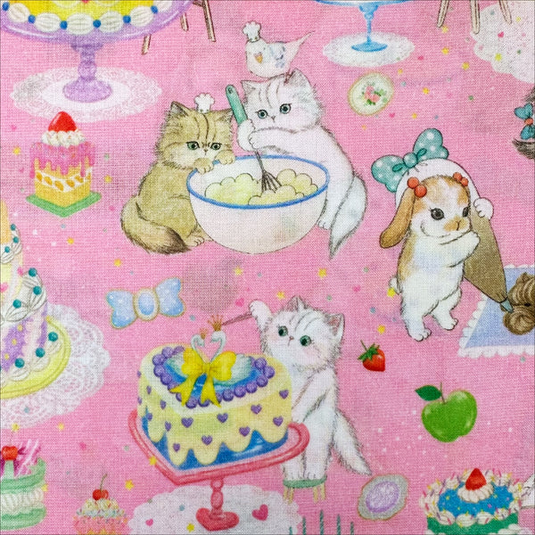 Animals baking in Cook Cats cotton lawn fabric by Yukiemon for Hokkoh featuring adorable animals baking cakes and preparing sweet treats, imported from Japan