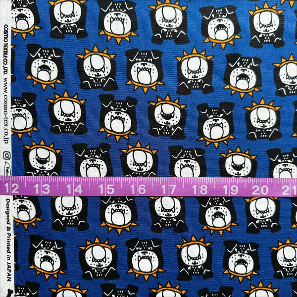 Scale of Bulldog Faces cotton oxford fabric in blue by Cosmo Textiles, Japanese import with playful bulldog face print