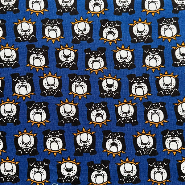 Bulldog Faces cotton oxford fabric in blue by Cosmo Textiles, Japanese import with playful bulldog face print