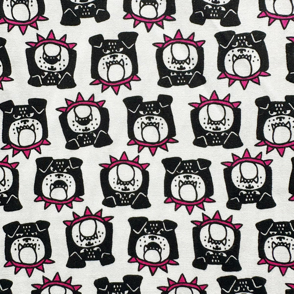 Close up of Bulldog Faces cotton oxford fabric in white by Cosmo Textiles, Japanese import with playful bulldog face print