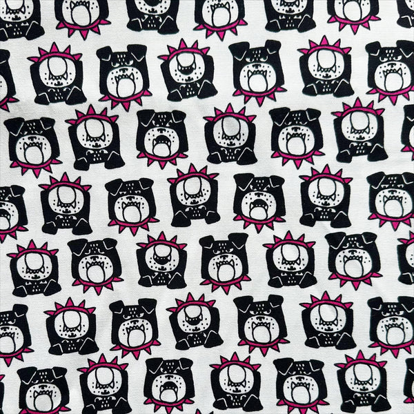 Bulldog Faces cotton oxford fabric in white by Cosmo Textiles, Japanese import with playful bulldog face print