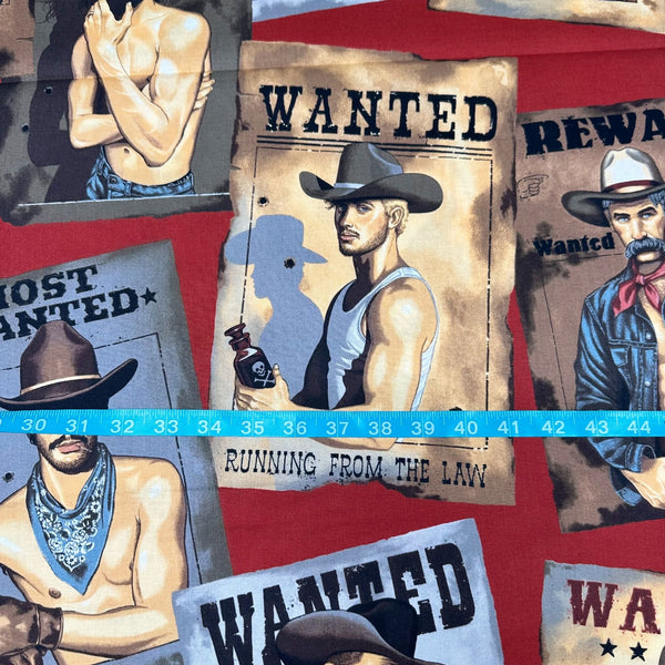 Wanted Sexy Outlaws Pin Up Men Cotton Fabric by Alexander Henry, Old Red