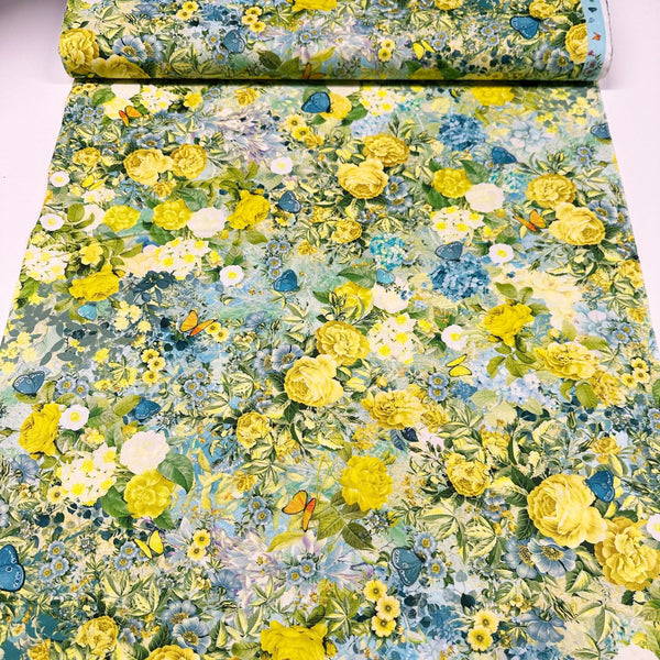 Enchanted Aviary Yellow Floral Butterflies Cotton Fabric by Robert Kaufman ADND-22279-134 CITRUS