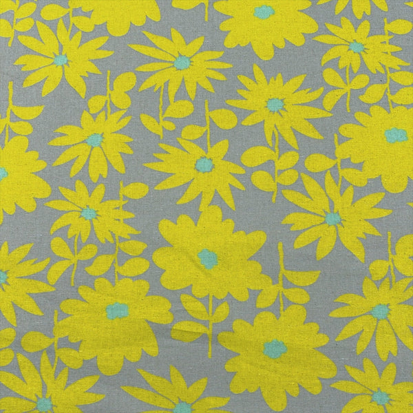 Daisy Daisy cotton linen canvas fabric by Cotton Kobayashi in yellow and gray